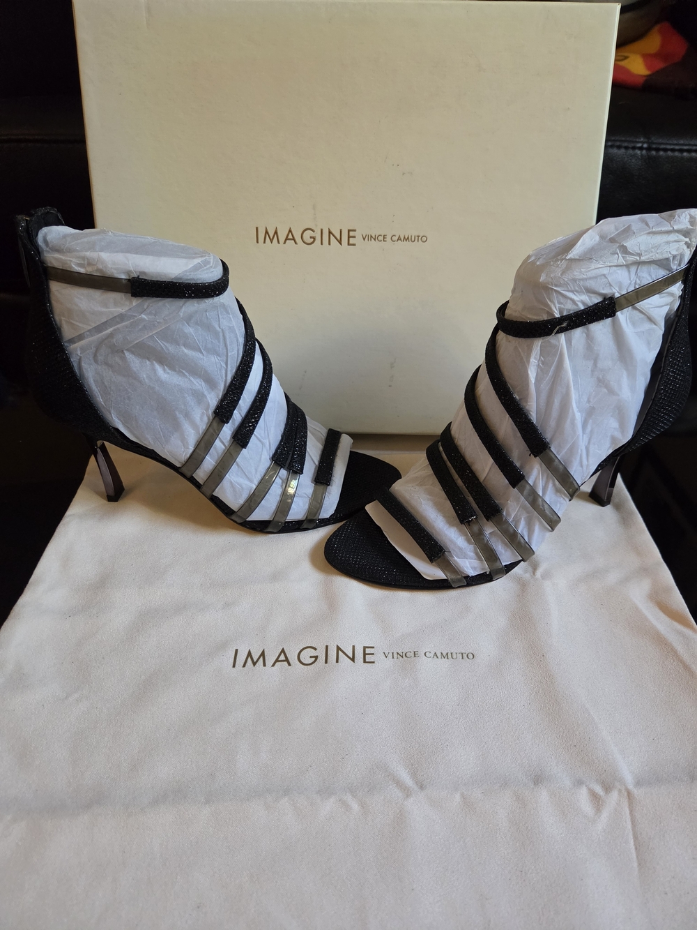 ✨ Imagine Vince Camuto Black Smoke Roselle Glitter Heels – Size 5.5 | Statement